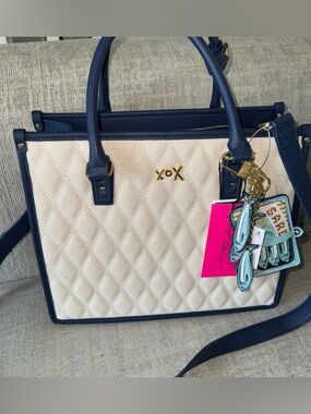 Betsey Johnson XOLALA Quilted Canvas Sardine Tote Bag Navy Cream Crossbody
